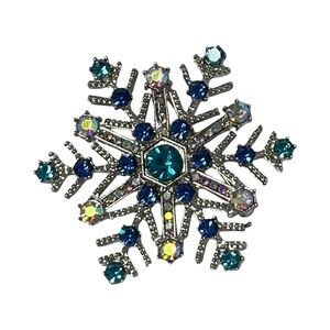 Snowflake Brooch, NIP, 2”, blue & clear rhinestones,